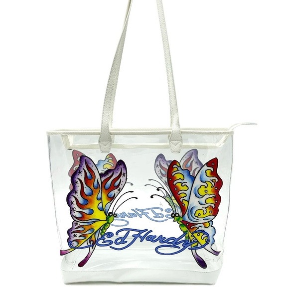 NWT Ed Hardy Butterfly Graphic Clear PVC Tote Bag Y2K 90s Edgy Streetwear - Picture 6 of 10